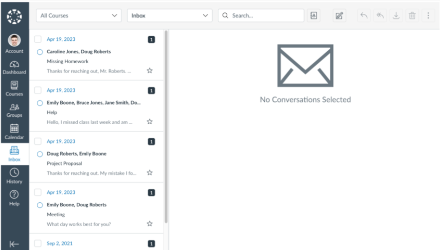 Canvas inbox with several messages on the left side of the panel