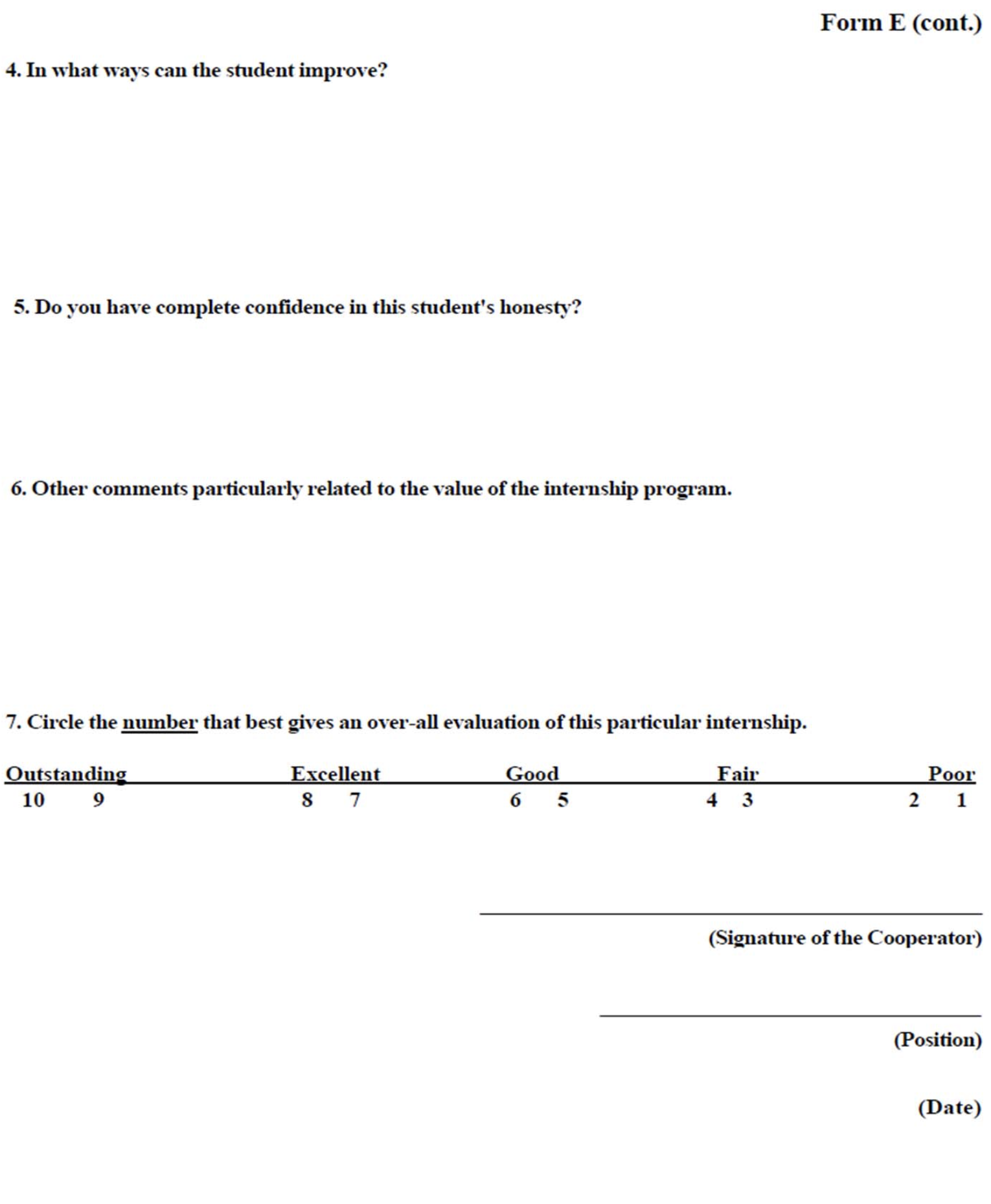 Form E continued, Internship, Cooperator's Final Evaulation