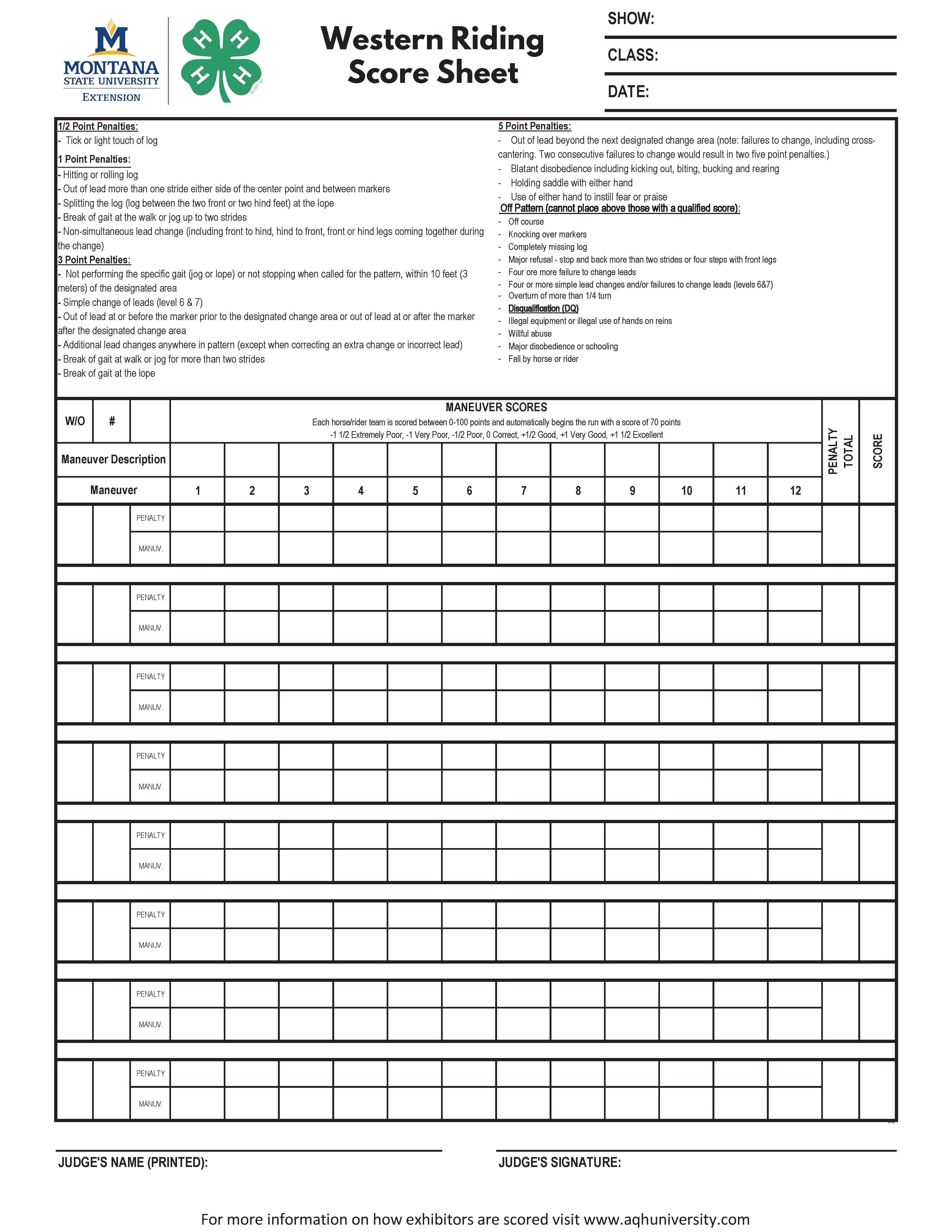 Western Riding Score Sheet