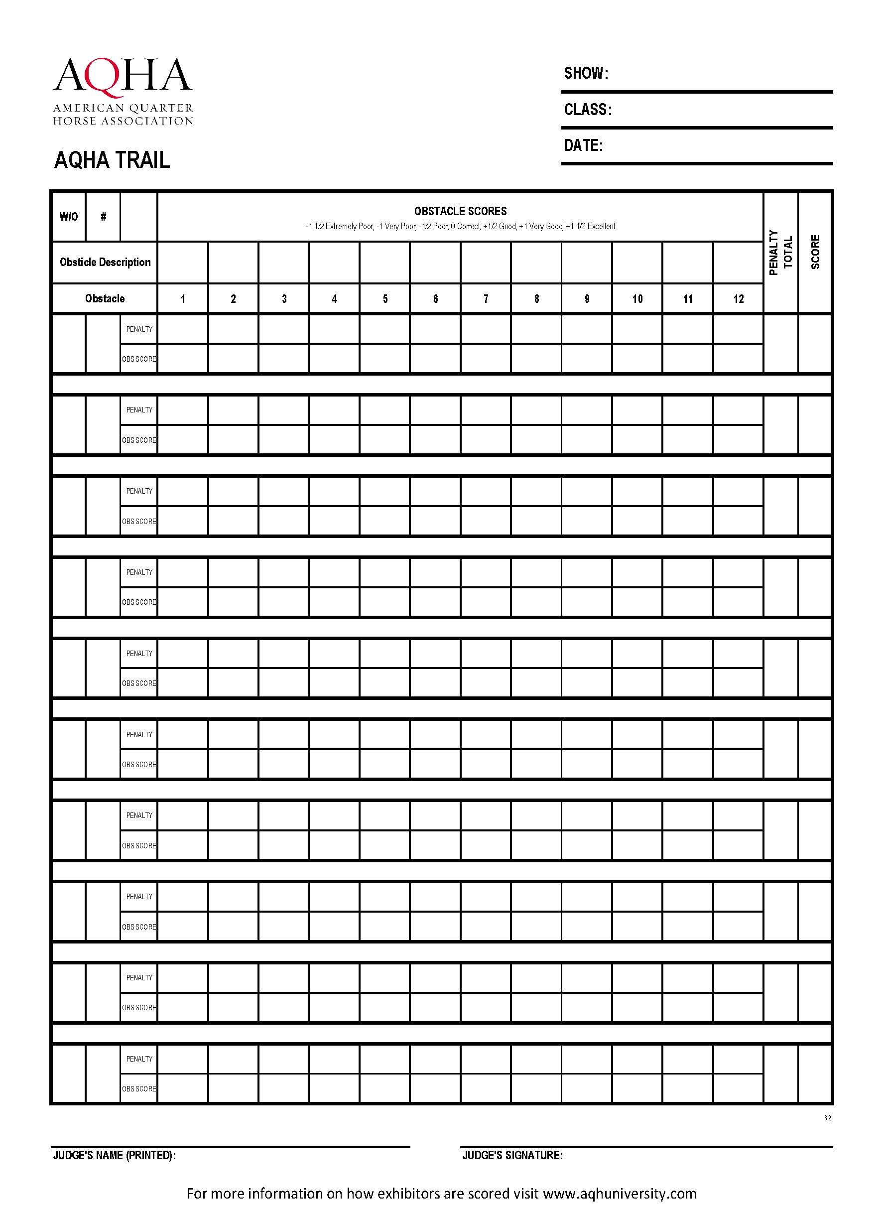 Trail Score Sheet