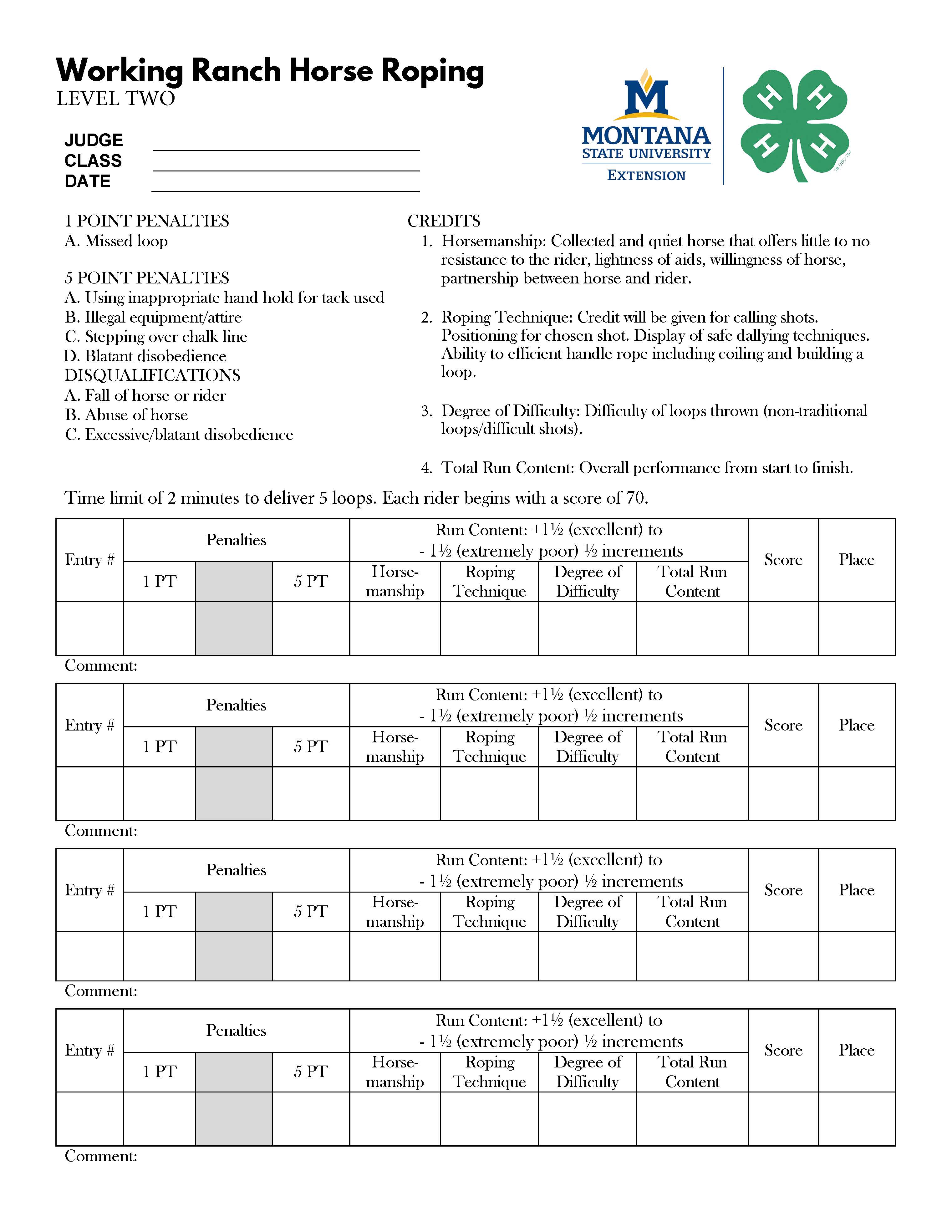 Ranch Roping Level 2 Score Sheet