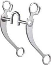 a shiny metal curb bit with long shanks on either side, a central straight bar with a horseshoe shaped prong in the middle with metal protruding below the bar, and rings at the ends for attaching reins