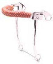 a metal hackamore with a piece of tan rope attached at the top