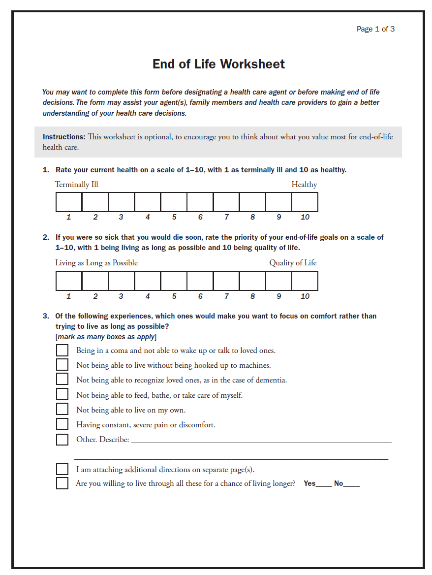 a worksheet with different questions to assess your level of end of life care