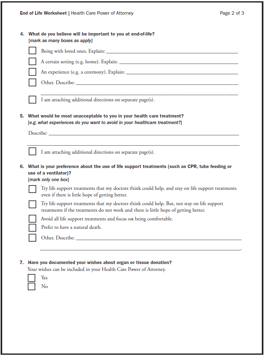 a worksheet assessing level of end of life care