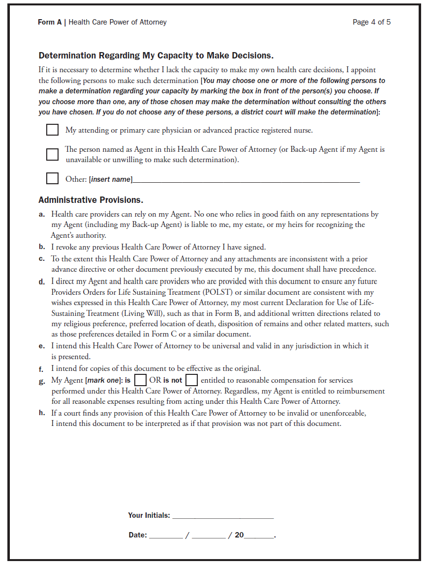 a worksheet assessing the need for health care power of attorney