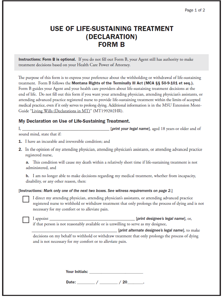 a worksheet declaring use of life-saving treatment