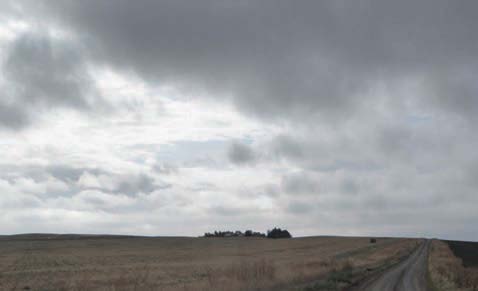 Dark gray stratocumulus clouds cover most of the sky above a broad agricultural field. Breaks in the cloud cover allow limited light through, creating contrasting areas of bright and shadowed sky over the open terrain.