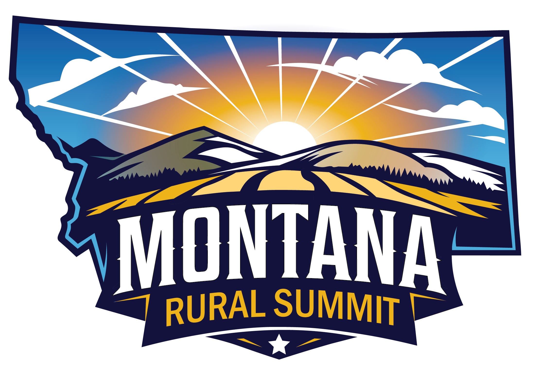 Image of the outline of the state of Montana with two rolling hills, a wheatfield and a sun in the sky with rays and clouds.  The words Rural Summit are boldly placed at the base of the outline of Montana.