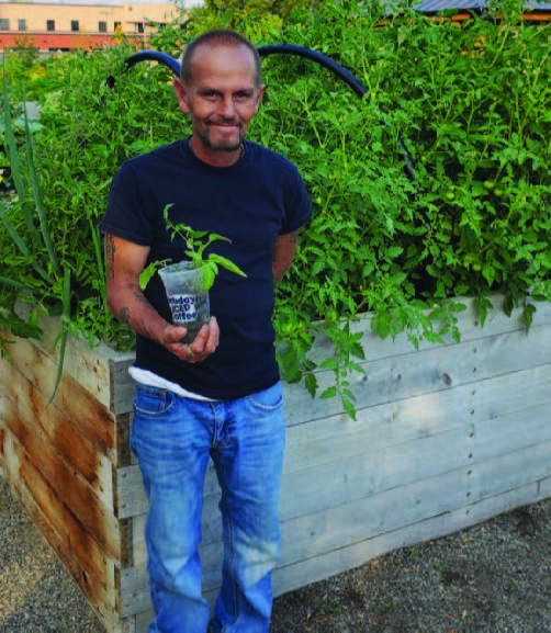 A man holds a cup with a plant inside and stands in front of planting beds that are filled with green plants.