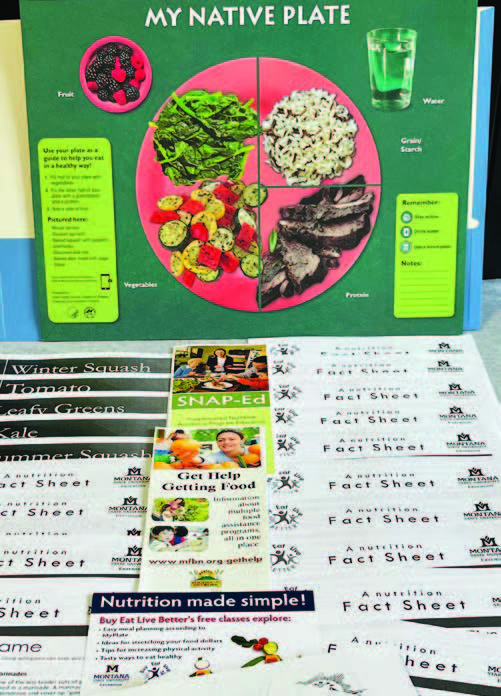 Nutrition facts sheets are neatly piled in front of a My Native Plate poster. The My Native Plate poster displays portions of the foods you should be eating in a meal.