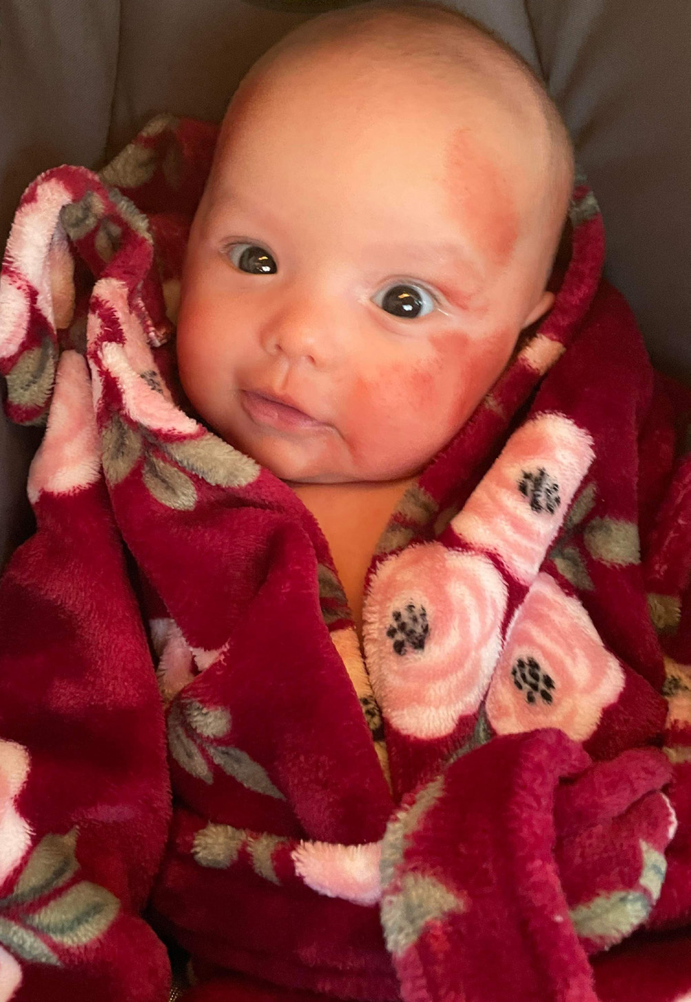 Small baby wrapped in a red floral blanket with light red paint splotched on their face.