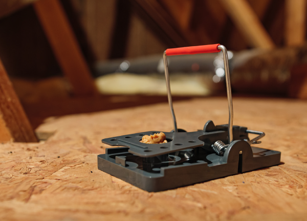 a snap mouse trap in an attic