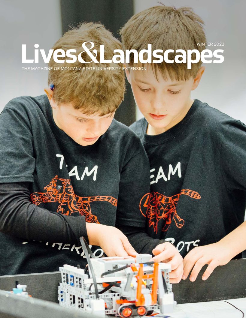 Two boys wearing matching team shirts concentrate on a robotic lego kit.