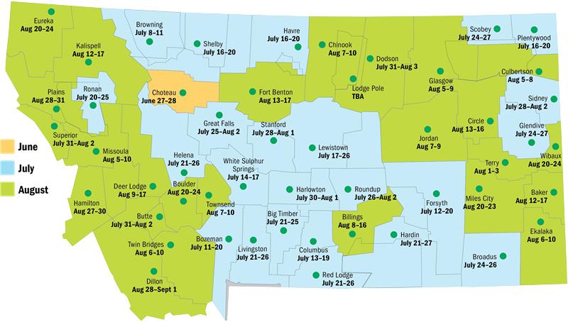 A map of Montana counties The counties are color coded by month of the dates of each county's 4-H Fair.