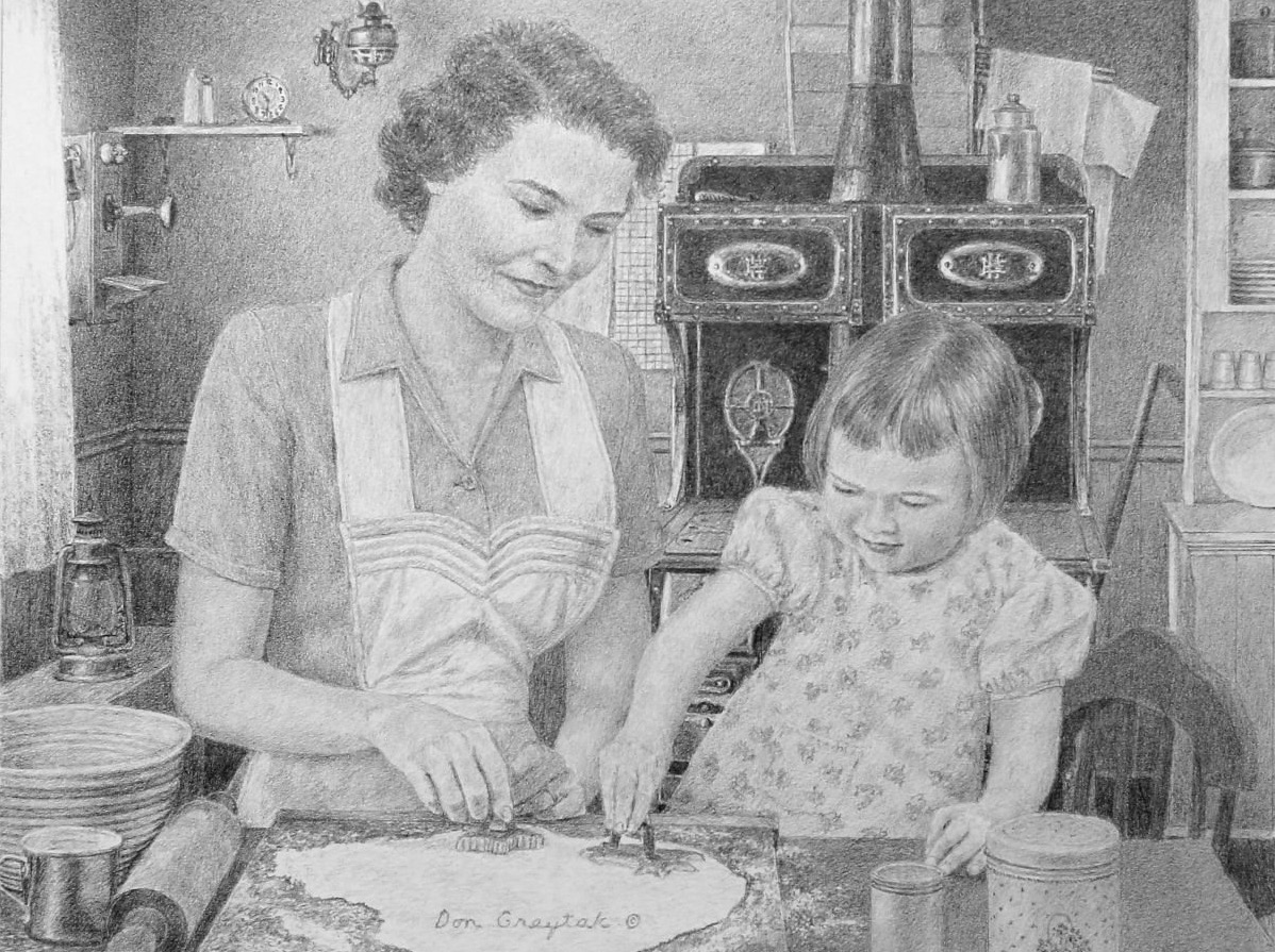 pencil drawing of a mom and child baking