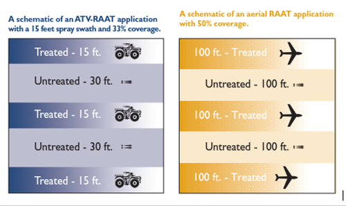A diagram showing a skip-pass RAAT approach, using ATV or aerial applications. The ATV application shows alternative stripes of 15 feet of treated followed by 30 feet of untreated followed by 15 feet of treated and so on. The aerial application shows alternating strips of 100 feet treated followed by 100 feet of untreated and so on.
