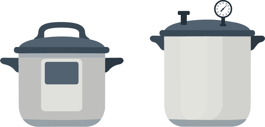 in a side-by-side comparison, the pressure cooker is smaller with a handle on the lid and a display screen, while the canner is taller and has a relief valve and pressure gauge on the lid