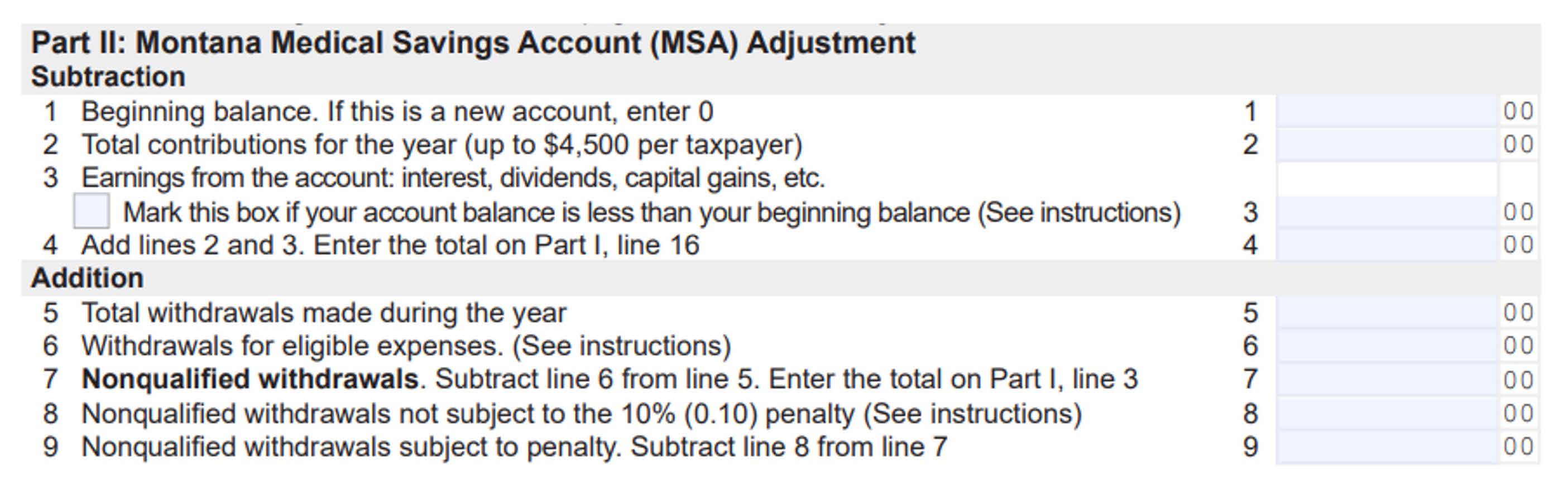 a screenshot of a Montana tax form showing where to put the MSA information