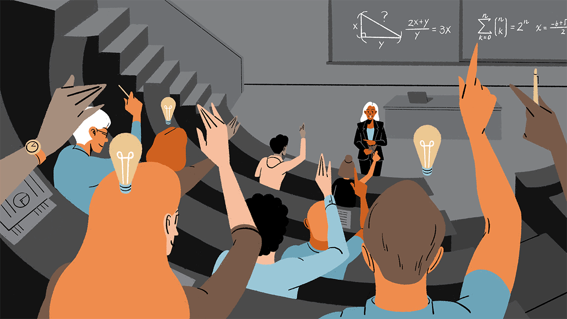 graphic of students raising their hands in a classroom