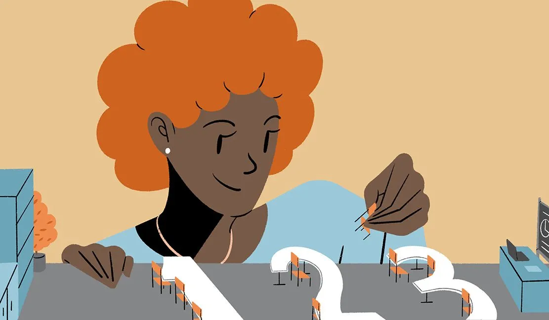 graphic of woman placing chair on table