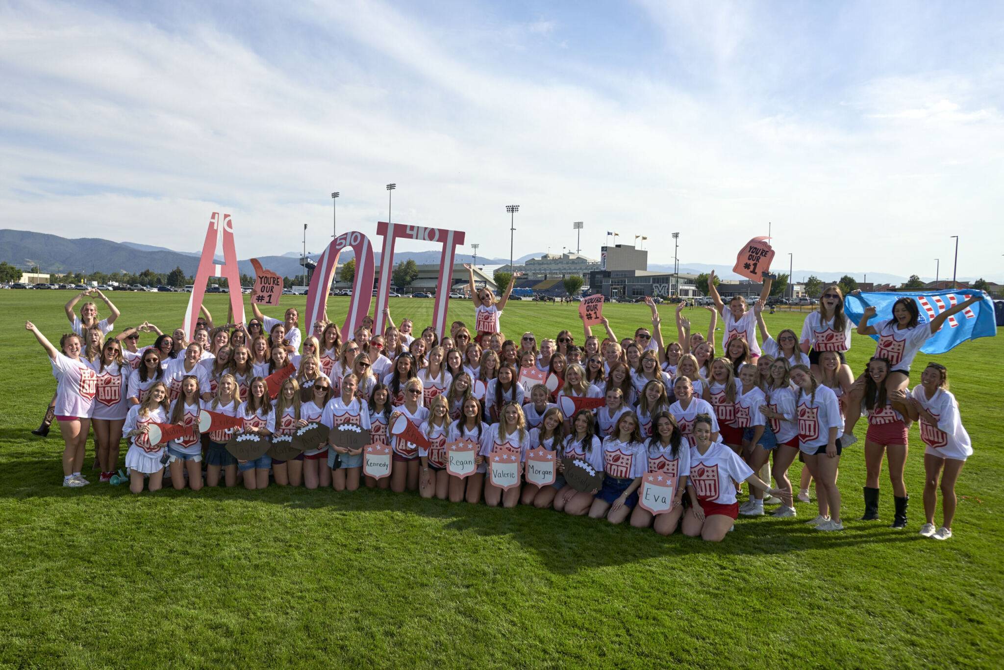 Sorority members standing together in Bobcat Stadium