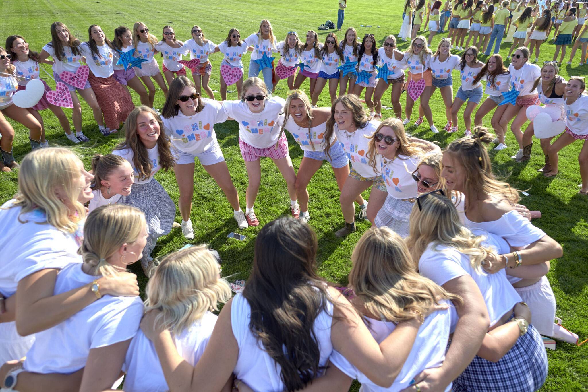 Sorority women hugging