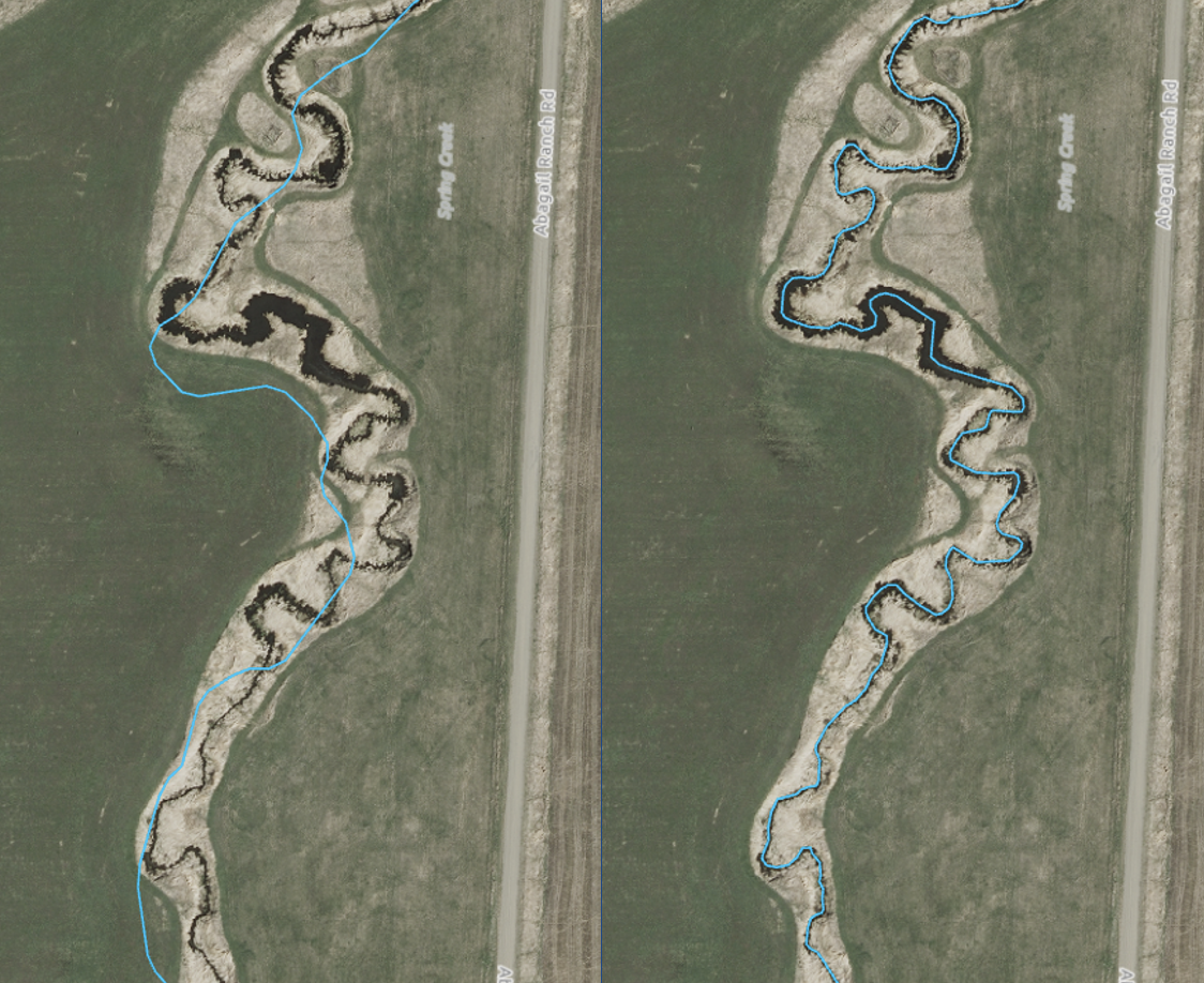 Shows the mapping correction for a river. Left the original map, right the corrected map of the river.