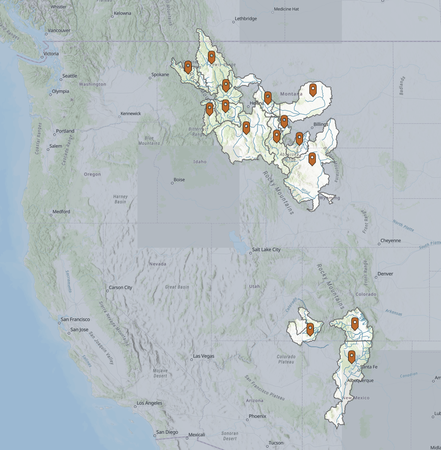 Overview of the western United States, showing the watersheds and geographies that have the RCT.