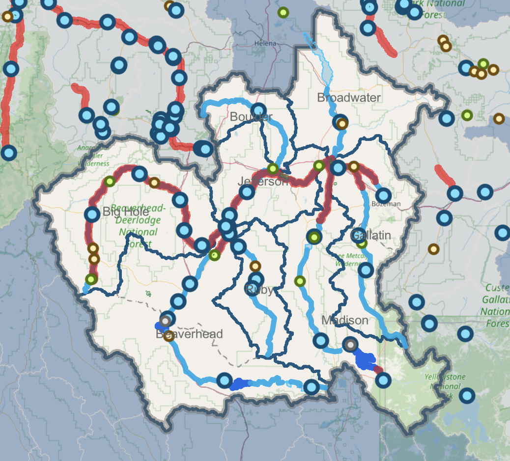 Global Imagery satellite map of Bozeman highlihgting the watershed
