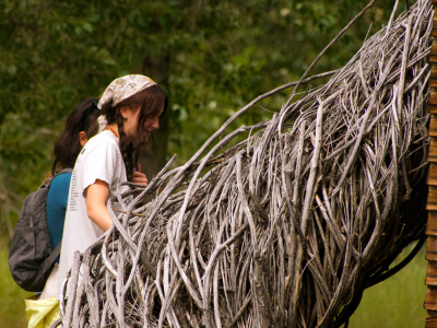 Students exploring "Cursive Takes a Holiday" by Patrick Dougherty.