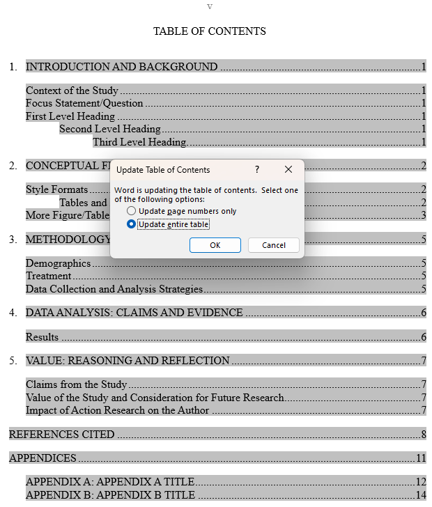 Photo showing how updating the table of contents looks
