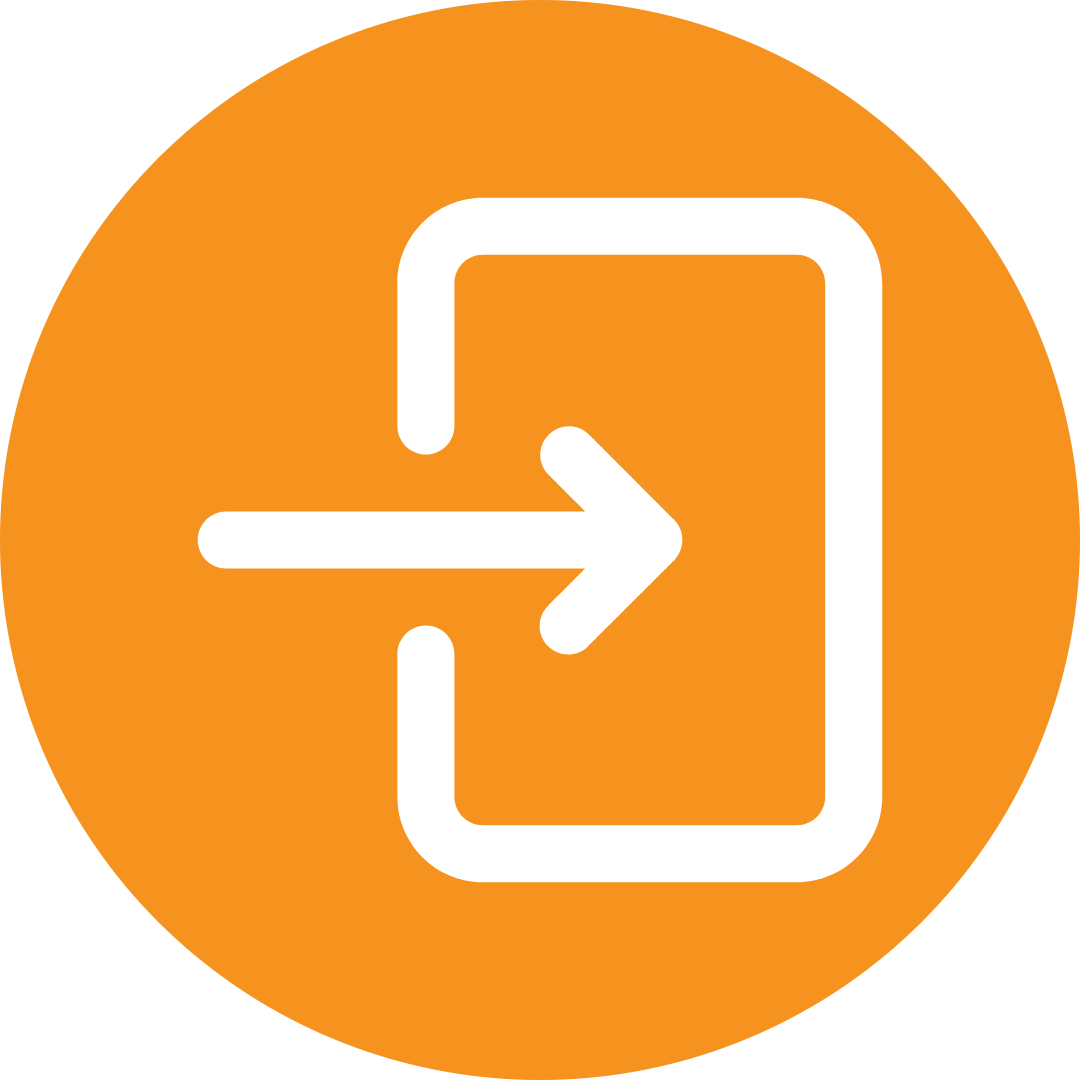 An arrow pointing right into a rectangle inside an orange circle