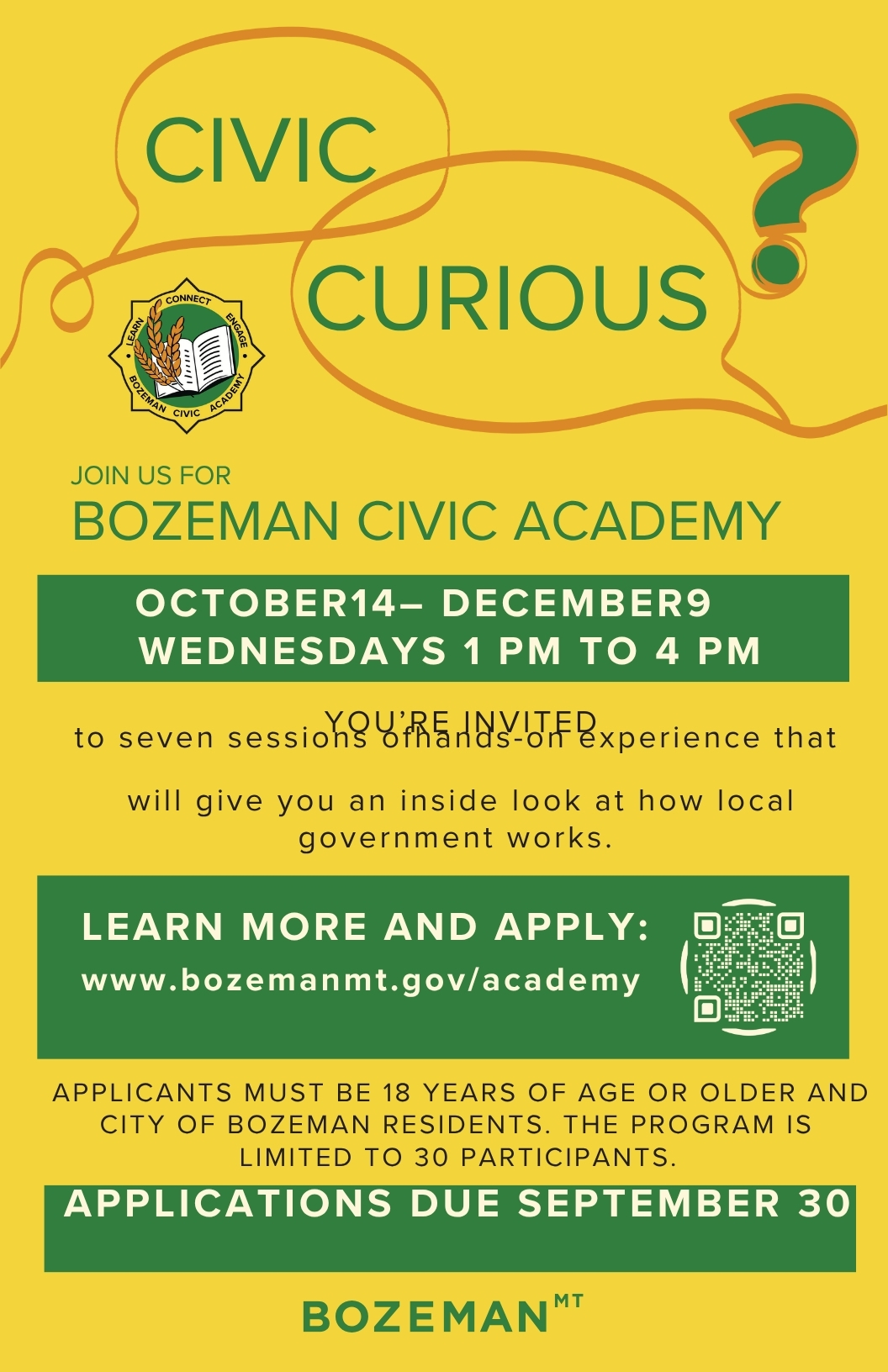 A poster advertising City of Bozeman's Civic Academy