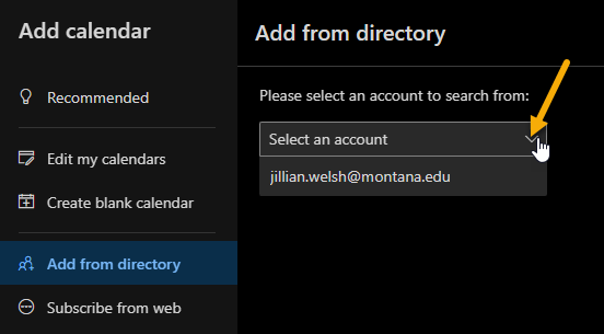 Outlook calendar's add from directory - select from which account you're pulling from