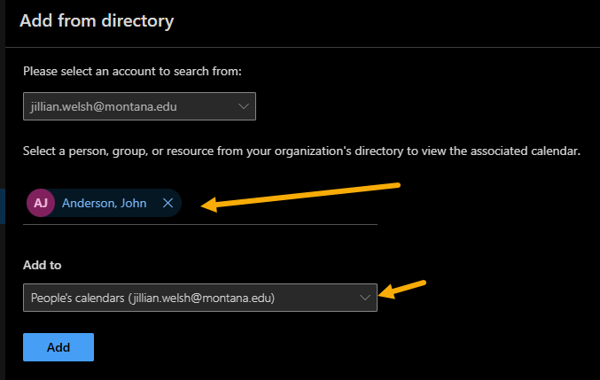 Outlook calendar's add from directory - choose the account whose calendar you would like to add and where you want to put it in your calendar sorting.