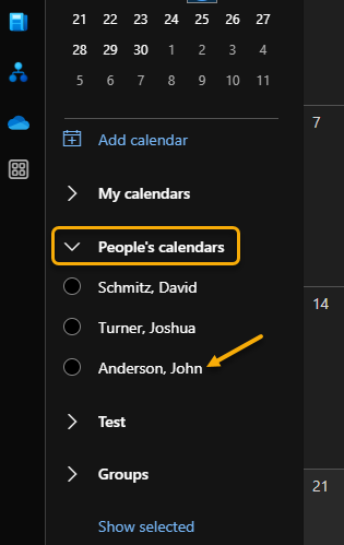 Outlook calendar's list of calendars with "people's calendars" highlighted.