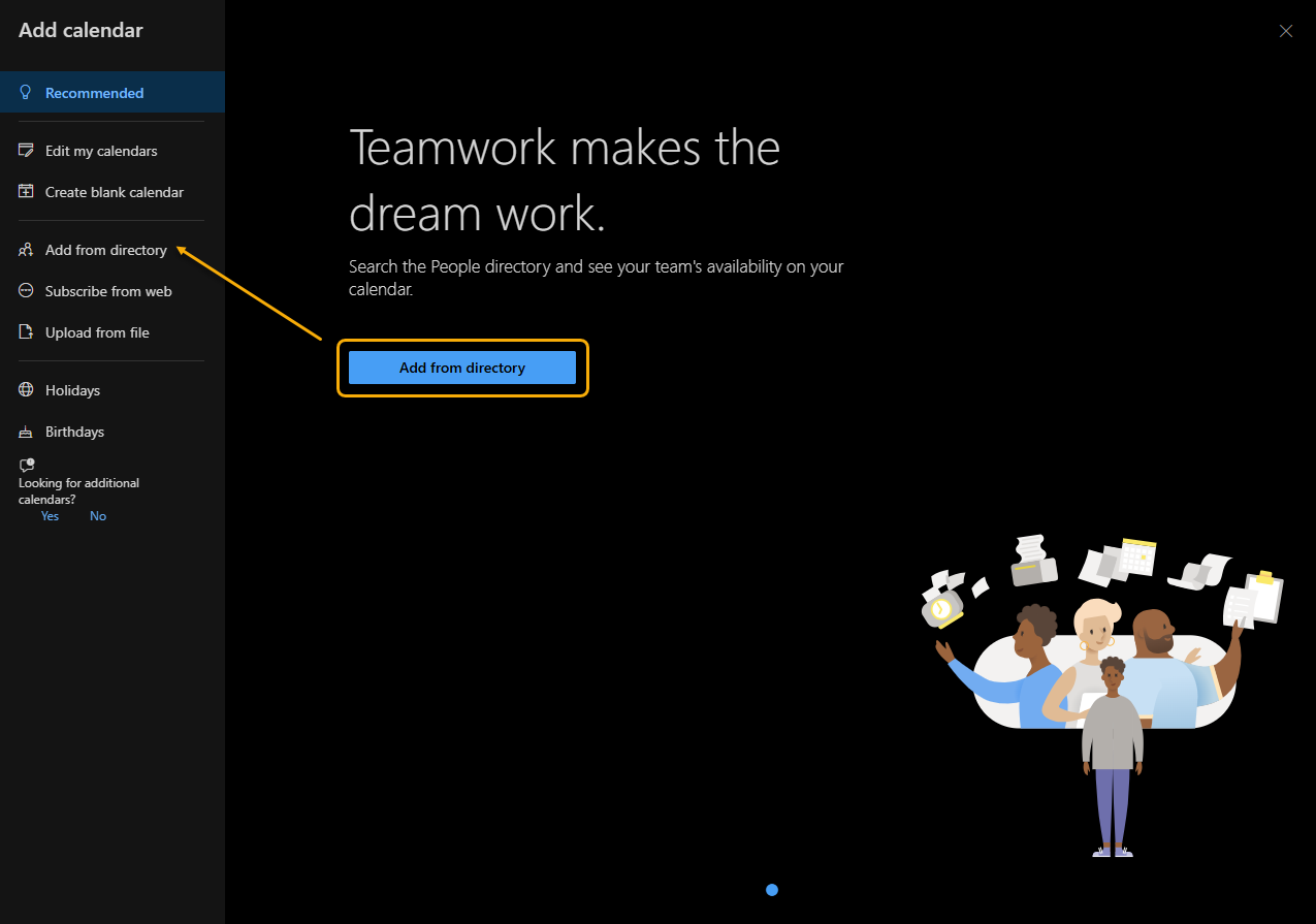 Outlook calendar's add a calendar window