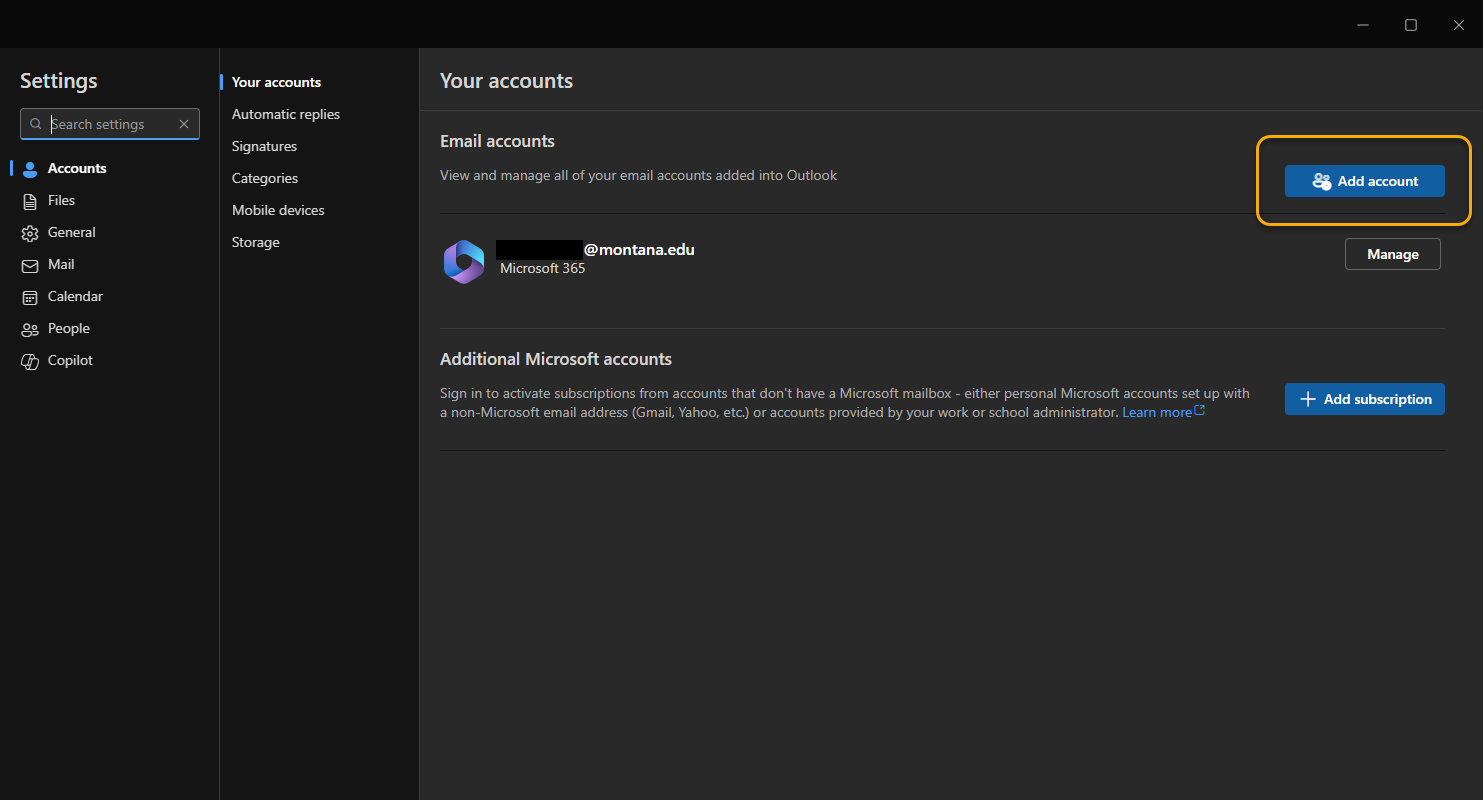 Add Account button inside Outlook settings Accounts tab