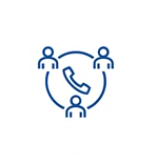 Three little icons of people at computers connected by lines in the shape of a circle.