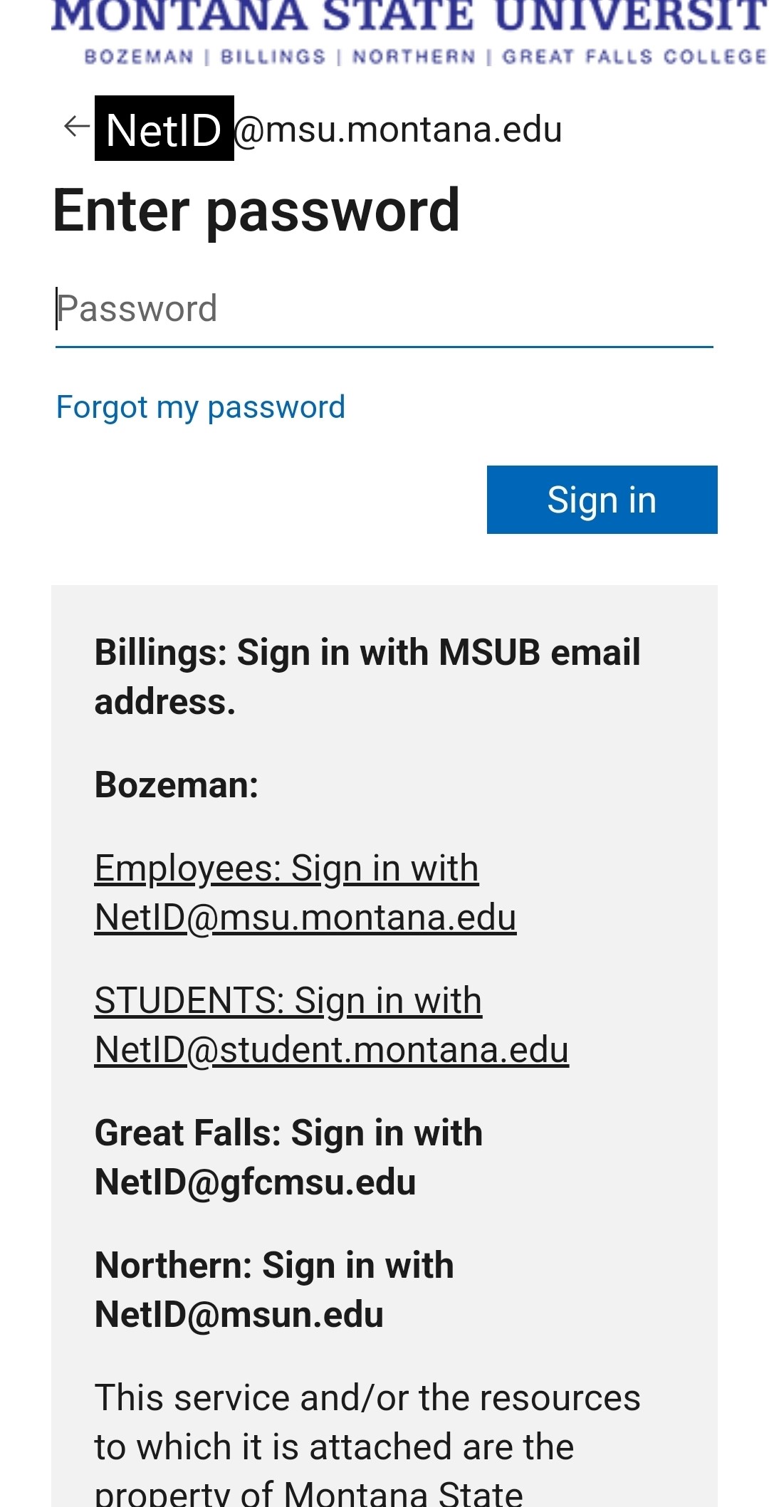 Outlook android app MSU login page