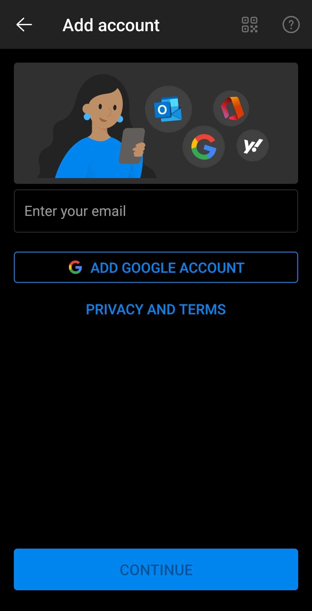 Outlook android app "add account" screen