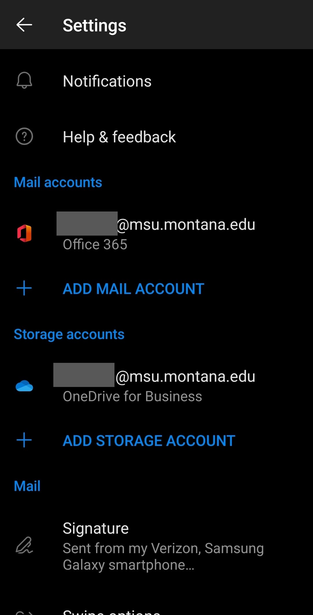 Outlook android app settings page