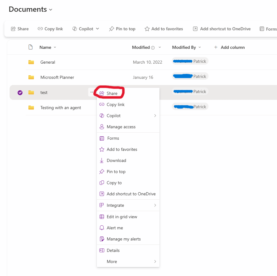 Screenshot of a SharePoint file's drop-down menu with the "Share" option circled in red.