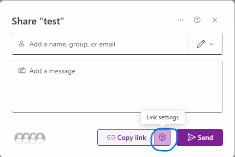 Screenshot of the "Share" pop-up in SharePoint with the gear icon at the bottom circled in blue.