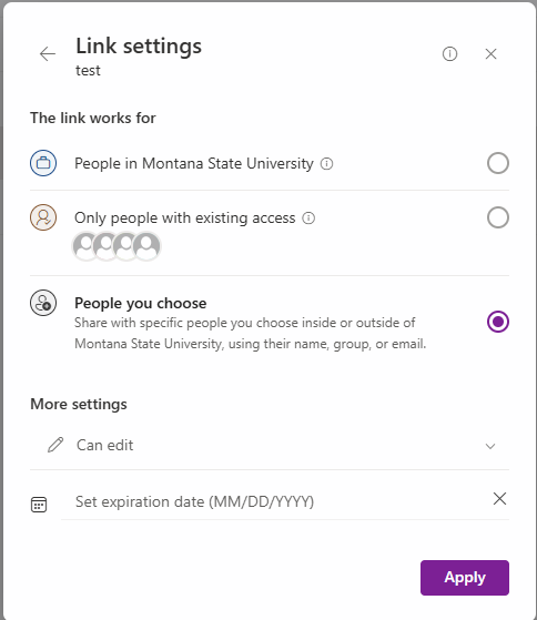 Screenshot of the Link Settings page for the "Share" pop-up in Sharepoint. The "People you choose" option is selected.