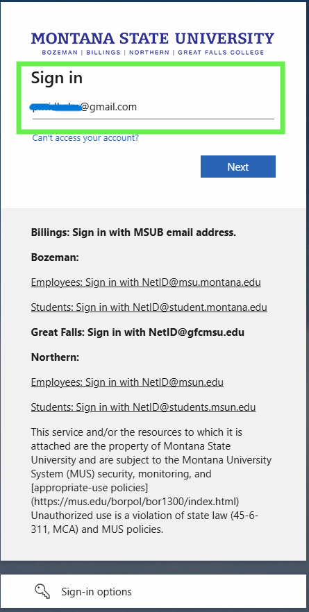 MSU's standard login page. The username line is filled in with an email.