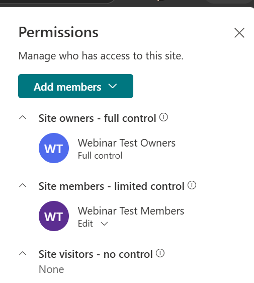 Screenshot of a SharePoint site's "site permissions" tab.