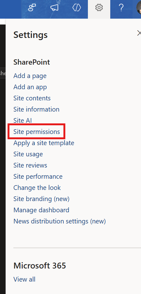 Screenshot of the settings tab in a SharePoint site with the "site permissions" link highlighted.