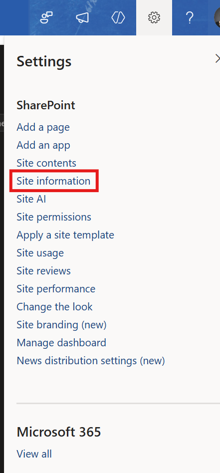 Screenshot of the settings tab in a SharePoint site with the "site information" link highlighted.